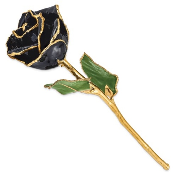 24k GP Single Lacquer Dipped Gold Trim Black Rose - Picture 1 of 3